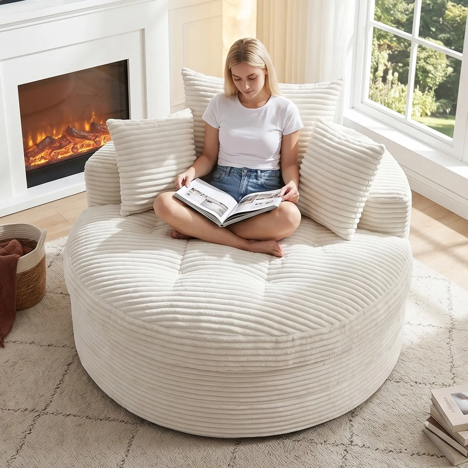 Winzoo Round Chaise Longue Chair Indoor,Lazy Bean Bag Upholstered Corduroy Deep Seat Circle Single Cloud Lounge Floor Sofa Chair for Living Room, Bedroom Apartment