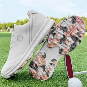 Professional Women’s Non-Slip Golf Shoes, Comfortable, Sizes 36–43, White Upper with Pink & Black Camouflage Sole, All-Season Training Sneakers for Golf