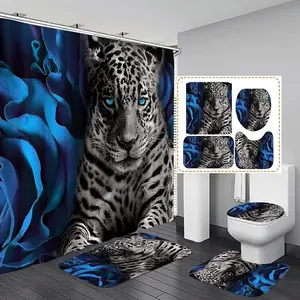 Blue Rose and Leopard Shower Curtain Bathroom Set with Rugs, Toilet Lid Cover & Bath Mat, 4 Count, Durable Bathroom Decor Set, Wall Access