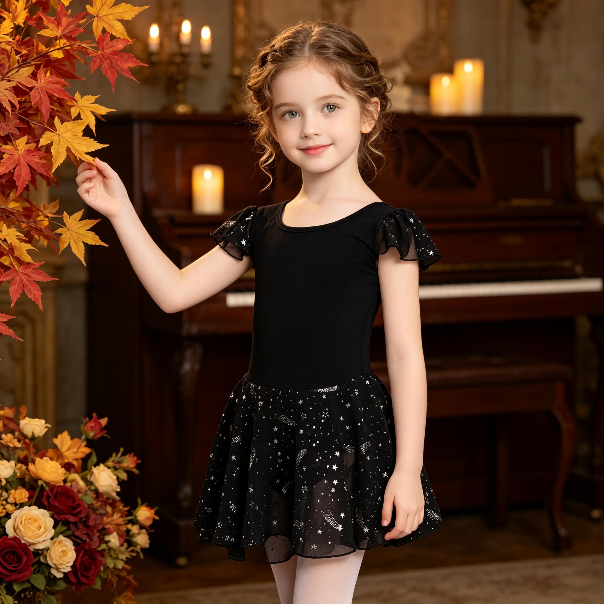Kids Ballet Dance Outfit, Flutter Short Sleeve Star Sequin Tulle Skirt Leotard, Girls Dance Costume For Ballet Class, Stage Performance, Party Show, Daily Practice