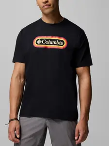 Summer Columbia Vintage Gradient Logo Short Sleeve T-Shirt, Outdoor Enthusiast Camping, Casual Commuter Wear, Loose Fit Half Sleeve