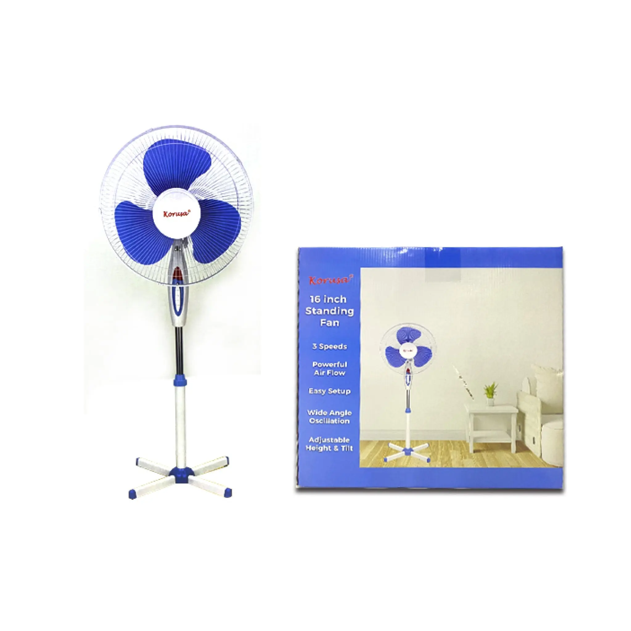 Korusa 16-Inch Oscillating Stand Fan - Deep Blue