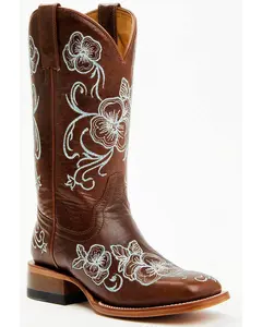 Women's Lasy Floral Embroidered Western Boots - Broad Square Toe