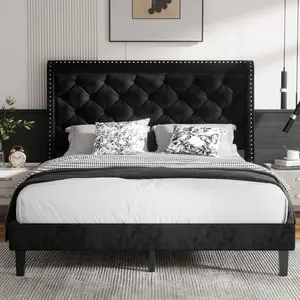 Queen Size Bed Frame with 48" Tall Headboard,14" Comfort Wingback ,Upholstered Platform Bed with Button Tufted Storage Headboard,Wood Slats Support,No Box Spring Needed,Black