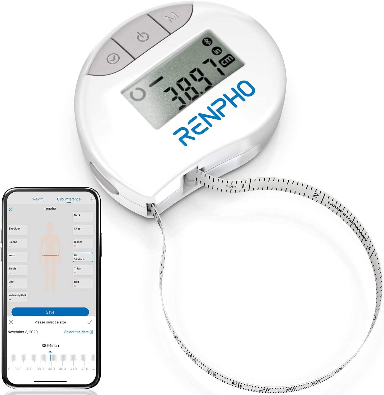 RENPHO Smart Tape Measure for Weight Loss Bluetooth Fitness Portable Tool with App, Automatic Retractable Tape, Measurin