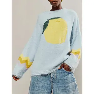 Women's Knitted Sweater Strawberry Print Crew Neck Long Sleeve Oversized Size Jumper Fall Winter Fabric Fit