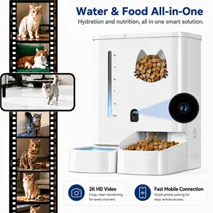 Automatic Cat Feeder with Camera 2K HD Video and Night Vision 5G/2.4GHz WiFi with App Operation Feeder&Waterer 2-in-1 Set for Pets 123 oz Water&176 oz Food Capacity for 2 Weeks Detachable for Cleaning, Timed Digital Feeding, Wifi Smart Camera