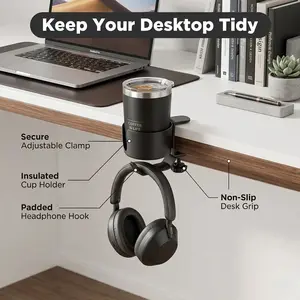 Desk Clamp Cup Holder with 360° Rotating Headphone Hook, No-Drill Stainless Steel Clip-On Drink Holder with Non-Slip Pad, Space Saving Organizer for Desk, Office & Home