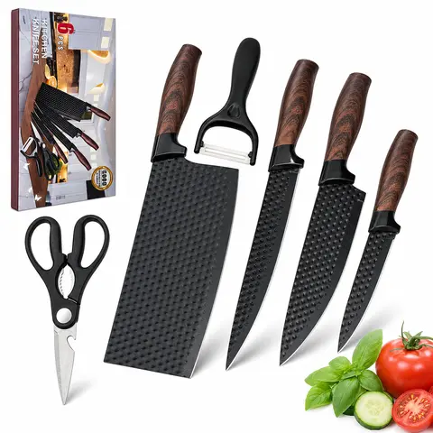 6-Piece Rust-Resist Steel Kitchen Knives Set - Anti-Stick Dimpled Surface Blades, Ergonomic ABS Wood Grain Handles, Kitchen Shears & Accessories for Everyday Use Cutting, Home Cooks’ Lightweight Prep & Reduced Hand Fatigue