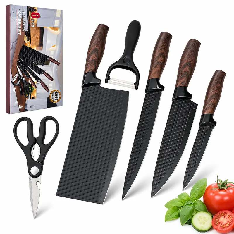 6-Piece Rust-Resist Steel Kitchen Knives Set - Anti-Stick Dimpled Surface Blades, Ergonomic ABS Wood Grain Handles, Kitchen Shears & Accessories for Everyday Use Cutting, Home Cooks’ Lightweight Prep & Reduced Hand Fatigue