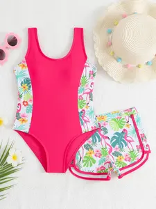 New Girls' One-Piece Swimsuit, Swimwear Outfits, Plant Print Design Side Waist Patched Tank Top, Plain Hem Pants Set, Suitable for Beach Parties, All Seasons