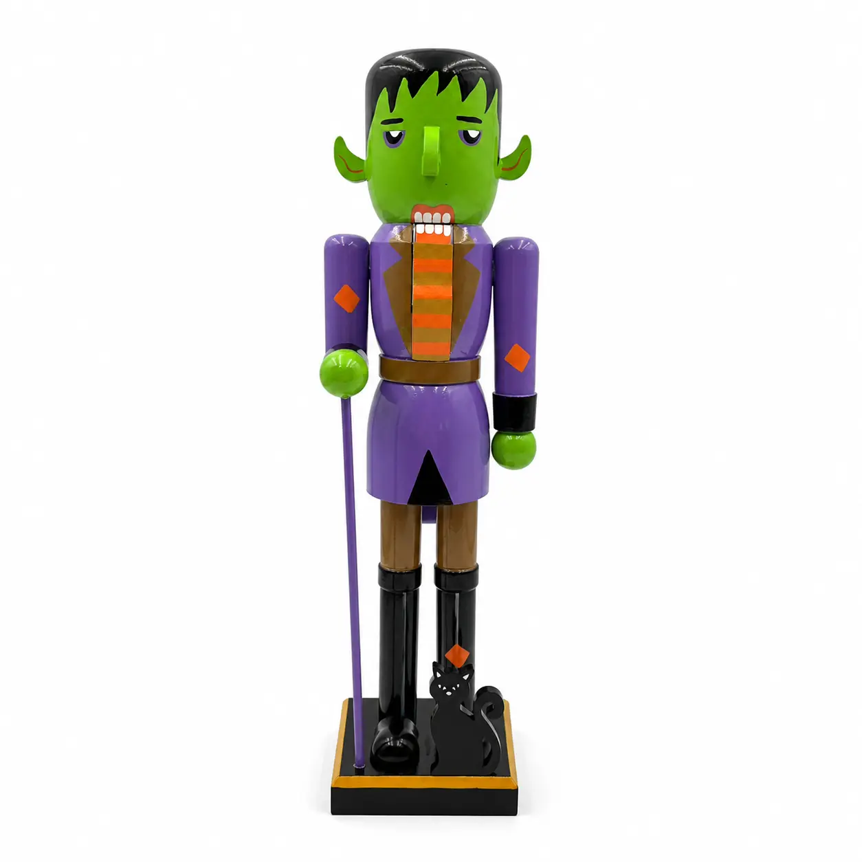 14 in. Wooden Green Monster Halloween Nutcracker - Purple and Orange Nutcracker with Black Cat