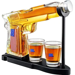 The Wine Savant Gifts for Men Dad, Father Whiskey Decanter Set - 8 Oz w/Two 2 Oz Glasses, American Flag Pistol Gun Anniversary Birthday, Home Bar, Drinking Military Present Dispenser, Husband Gift