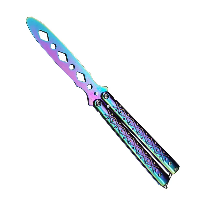 Steel Butterfly Training Knife with Rainbow Finish, Unsharpened Balisong Practice Blade, Balanced 110g Weight for Skill Practice, Cool EDC Tool for Teenage Boy Gifts, Balanced Grip