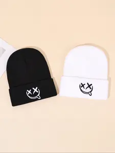 Unisex Knit Beanie Hat Set, Smiling Face Embroidery Design, Fitted Style for Fall & Winter, Perfect Gift for Birthdays & Holidays
