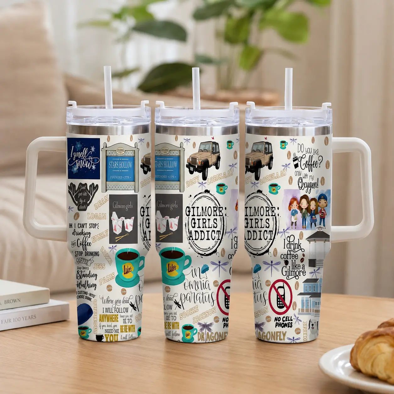 Gilmore Girls Coffee Addict Car Cup (40oz/30oz/20oz) Stars Hollow Print Pattern Cute Aesthetic Design Durable Stainless Steel Great for Daily Commute Office Desk Road Trips Friend Gifts Coffee Lovers Home Kitchen Use summerwins