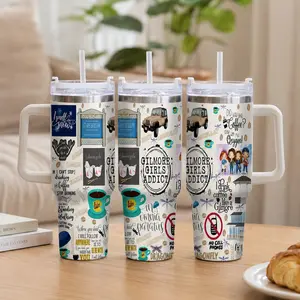 Gilmore Girls Coffee Addict Car Cup (40oz/30oz/20oz) Stars Hollow Print Pattern Cute Aesthetic Design Durable Stainless Steel Great for Daily Commute Office Desk Road Trips Friend Gifts Coffee Lovers Home Kitchen Use summerwins
