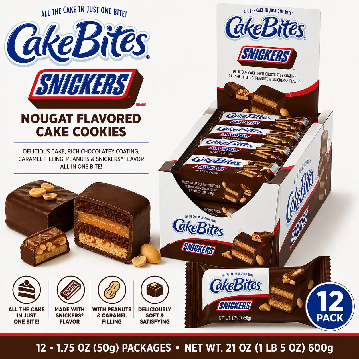 Cakebites Snickers Nougat Flavored Cake Cookies 1.75 oz 12 Count Chocolate Caramel Peanut Cake Snacks