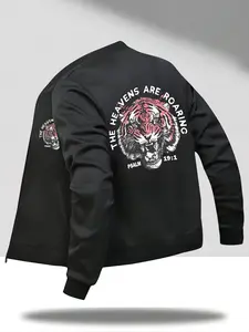 Men's American Casual Stand Collar Jacket, Jesus Tiger Head Print & Psalm Design, Streetwear Trend, Spring & Fall Fashion