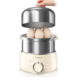Hard Boiled Egg Cooker – 14-egg rapid stainless steel egg cooker with 30-minute timer and auto shut off, compact electric vegetable steamer for cooking, dishwasher safe, beige