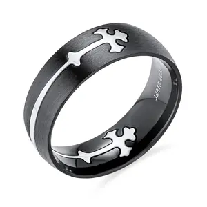 Religious Maltase Fleur De Lis Cross Black Puzzle Band Ring Stainless Steel