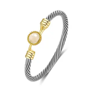 Aprilery Rose Quartz Adjustable Cuff Bracelet – Elegant Hook Clasp Mixed Metal Soft Pink Bracelets Jewelry for Women