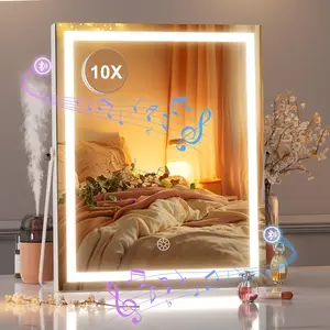 Hasipu Vanity Mirror with Lights and Bluetooth Speaker 11.4" x 13.8" LED Makeup Mirror with 10X Magnification Smart Touch 3 Colors Dimmable Brightness Adjustment 360° Rotation White