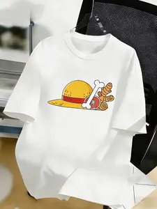 Anime One Piece Luffy Straw Hat Meat Graphic T-Shirt, Cute Monkey D Luffy Print Short Sleeve Tee, TikTok Trending Streetwear Casual Tops, Stylish Cosplay Outfit for Daily Wear, Summer Fashion Anime Shirt for Men Women Fans