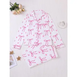 Ladies' Bow Printed Casual Pajama Set, Pocket Detail Collar Long Sleeve Top and Matching Pants, Suitable for Christmas Home and Outing Home Clothing Set