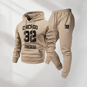 Men's Chicago 32 Letter Pattern Print Hoodie and Drawstring Sweatpants Set, Menswear, Casual Athletic Long Sleeve Hooded Jacket & Trousers for Fall & Winter, Men's Clothing for Daily Wear, Sportswear Indoor Outdoor, Tracksuit, Athleisure