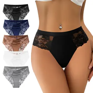 QUASTI 5 Pack Women's Mid Waist Cheeky Lace Panties, Seamless Smooth Translucent Full-Coverage  Multi-Color Briefs, Anti-Roll Edge Skin-Friendly Elegant Daily Underwear, S-XXL