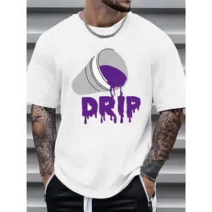 Men's White Casual Graphic T-Shirt with Purple Liquid Drip Print & DRIP Text - Summer Short Sleeve Round Neck Tee, Machine Washable Regular Fit, Everyday Streetwear| Modern Edgy Style| Comfortable Fabric