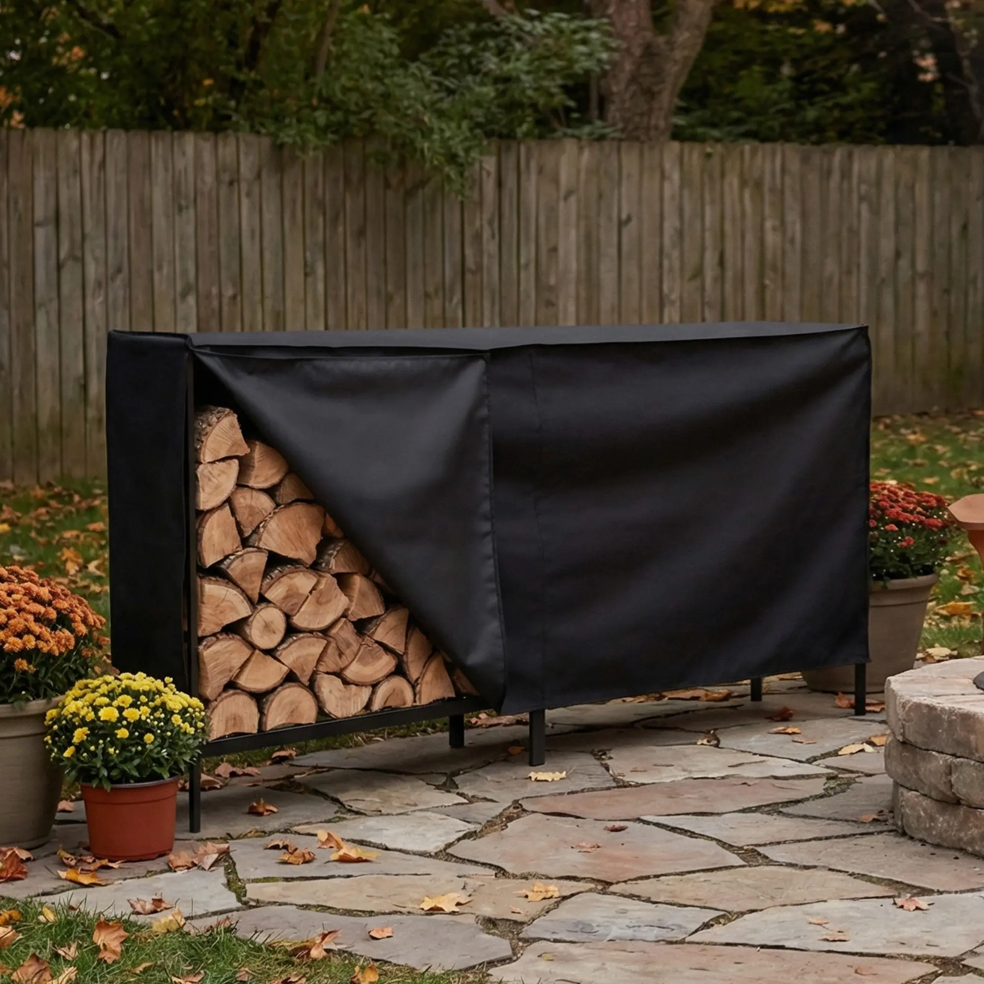 8 ft Black Firewood Rack with Waterproof Cover, Steel Log Holder for Patio and Garage