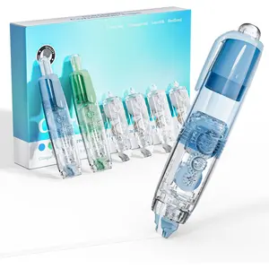 Refillable Retractable White Correction Tape, 2 count White Cute Smooth Push Pull Out Tape with 4 Extra Refills, Aesthetic Pen Shaped Applicator for School Office Supplies (Blue Green)