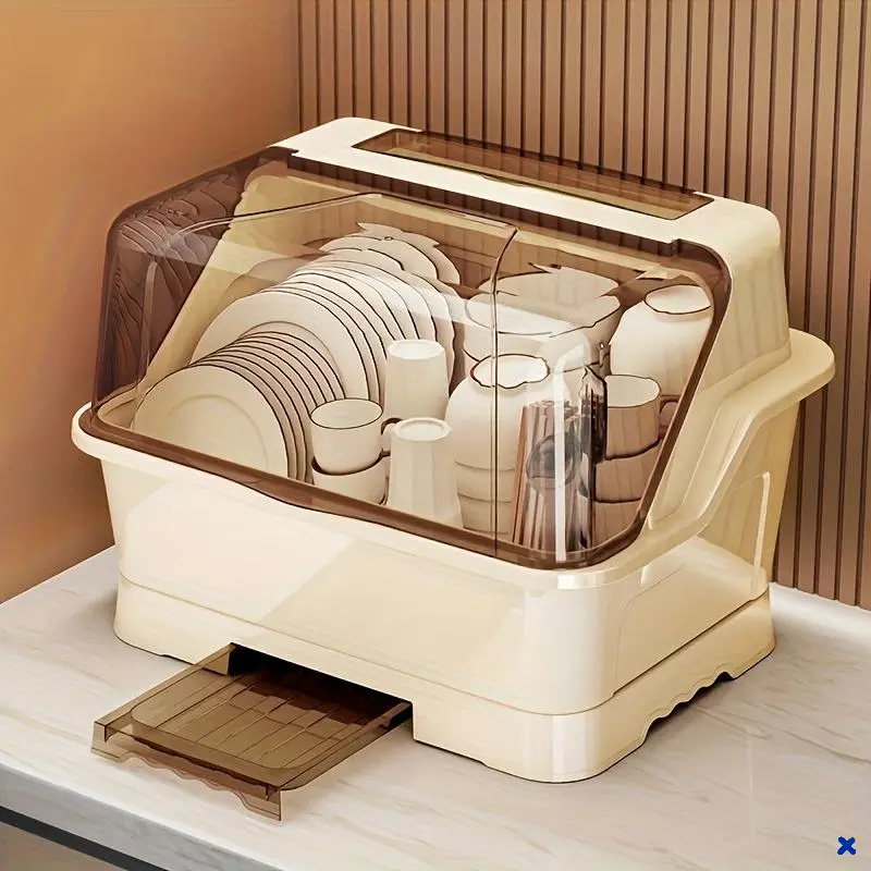 Upgraded Covered Cutlery Storage Rack, Cream Dustproof Silverware Organizer with Drain Tray, Space Saving Design for Kitchen Countertop & Cabinet