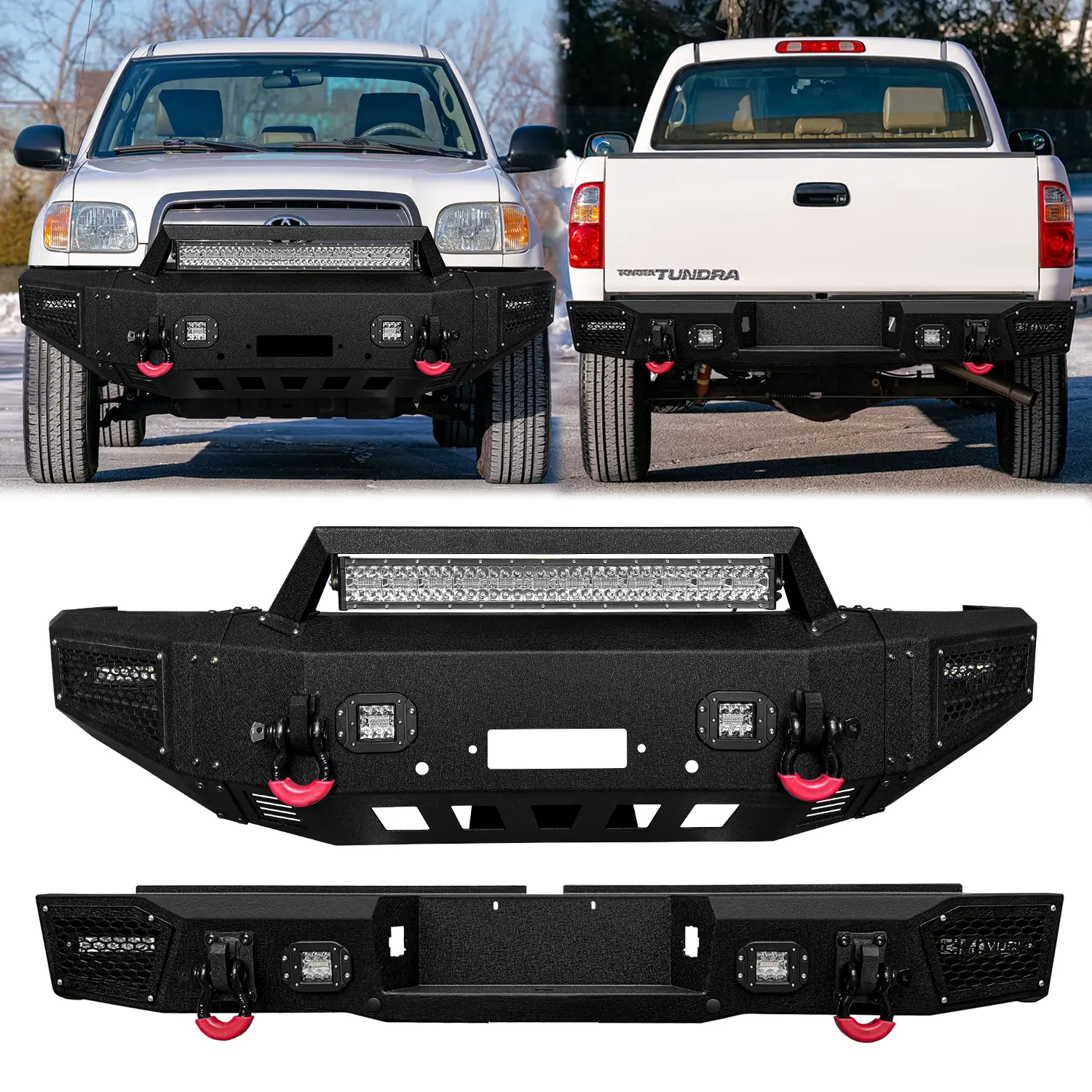 Vijay Steel Black Texture Front & Rear Bumper for 2000-2006 Toyota Tundra (Not Fit Tundra SR5) - Winch Mount, 2 D-Rings, LED Lights, Off-Roading Performance, Simple Screw Installation