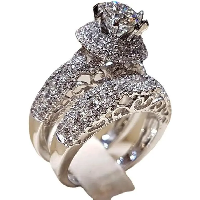 Luxury Silver Bridal Rings Sets AAA Cubic Zirconia CZ Full Diamond Engagements Rings Wedding 2 Pcs Promise Anniversary White Gold Rings for Women Jewelry
