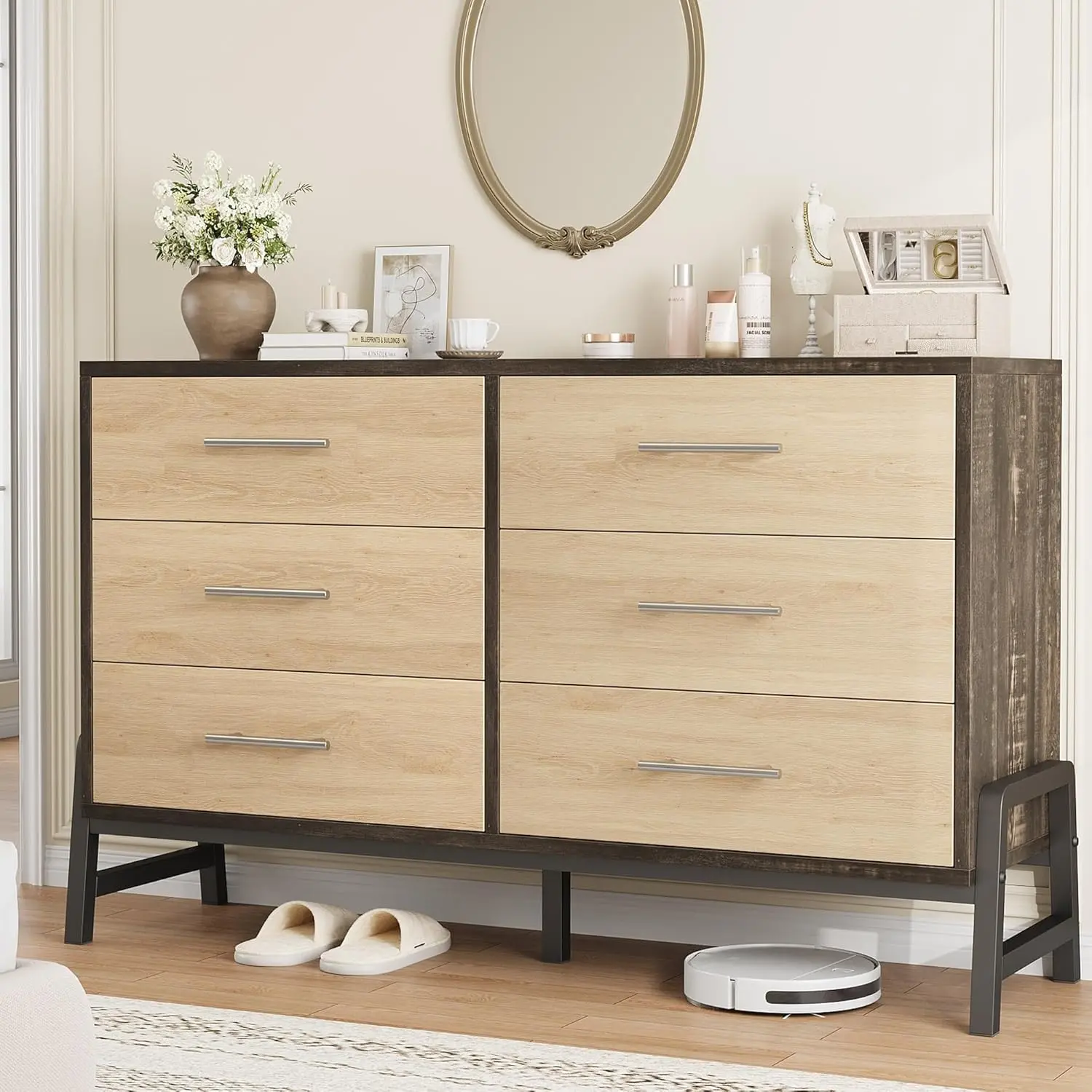 Freestanding 52 Inch Wide Dresser with 6 Large Storage Drawers Closet and Color of Brown and Oak Storage Dresser Chest for Living Room and Bedroom and Entryway