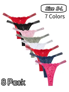 Lace Women's Thong Panties, Rhinestone Bow Decoration, Sexy Cut Out Low Waist Design, Plus Size Pack of 8 for All Seasons, Everyday