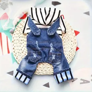 Summer Black and White Striped Faux Denim Small Dog Clothing - Adjustable Snap Button Design, Frayed Edge Details, Comfortable Polyester Teddy Bear and Pomeranian Dog Clothes, Fashionable Pet Apparel, Snap Button Pet Outfit