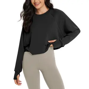 ODODOS Modal Soft Long Sleeve Cropped Sweatshirts with Thumb Hole for Women Crew Neck Pullover Crop Top