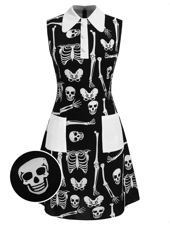 Black 1960s Halloween Skeleton Lapel Mod Dress Gothic