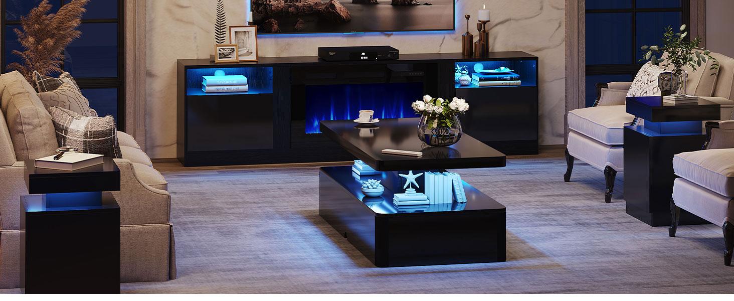 Modern Coffee Table, 40 Inches Coffee Tables with 16 Colors LED Lights, 2 Tier Rectangular Center Table, Large Storage Space, High Glossy Wooden Tea Table for Living Room, Bedroom, Office, Black