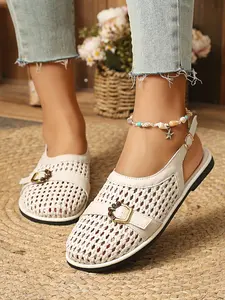 2026 New Women's Braid Hollow Out Breathable Slip-On Mules, Metal Buckle Back Strap, Comfortable Soft Sole, Outdoor Party Wedding Shoes