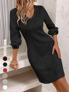 Elegant V-Neck Textured Fabric A-Line Dress, Long Sleeve Fall & Winter, Warm Comfortable Ol Clothing, Casual Party Layered Wear