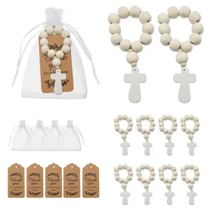 10 Piece set Wooden Rosary Souvenir Bulk Wood Catholic Prayer Rosary Beads with Crucifix Cross Pendant and Mesh Bag for Baptism First Communion Confirmation Baby Shower Bridal Shower Men Women Gift