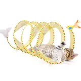 Potaroma Collapsible Spiral Kitty Tunnel - Wide 9.8" Tunnel, 20" Unfolded, Durable and Sturdy Springy Structure, Bell-Feather Mix, Hunting-Sparking Feathers, Encourages Burrowing, Self-Play for Kittens, Indoor/Outdoor Use,familyfun