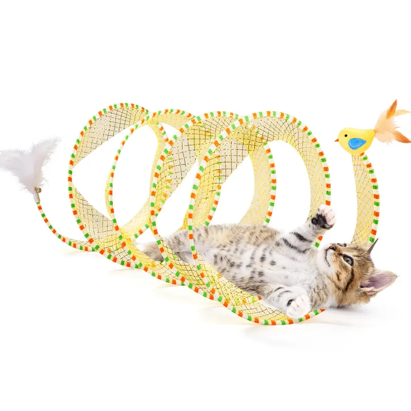 Potaroma Collapsible Spiral Kitty Tunnel - Wide 9.8" Tunnel, 20" Unfolded, Durable and Sturdy Springy Structure, Bell-Feather Mix, Hunting-Sparking Feathers, Encourages Burrowing, Self-Play for Kittens, Indoor/Outdoor Use,familyfun