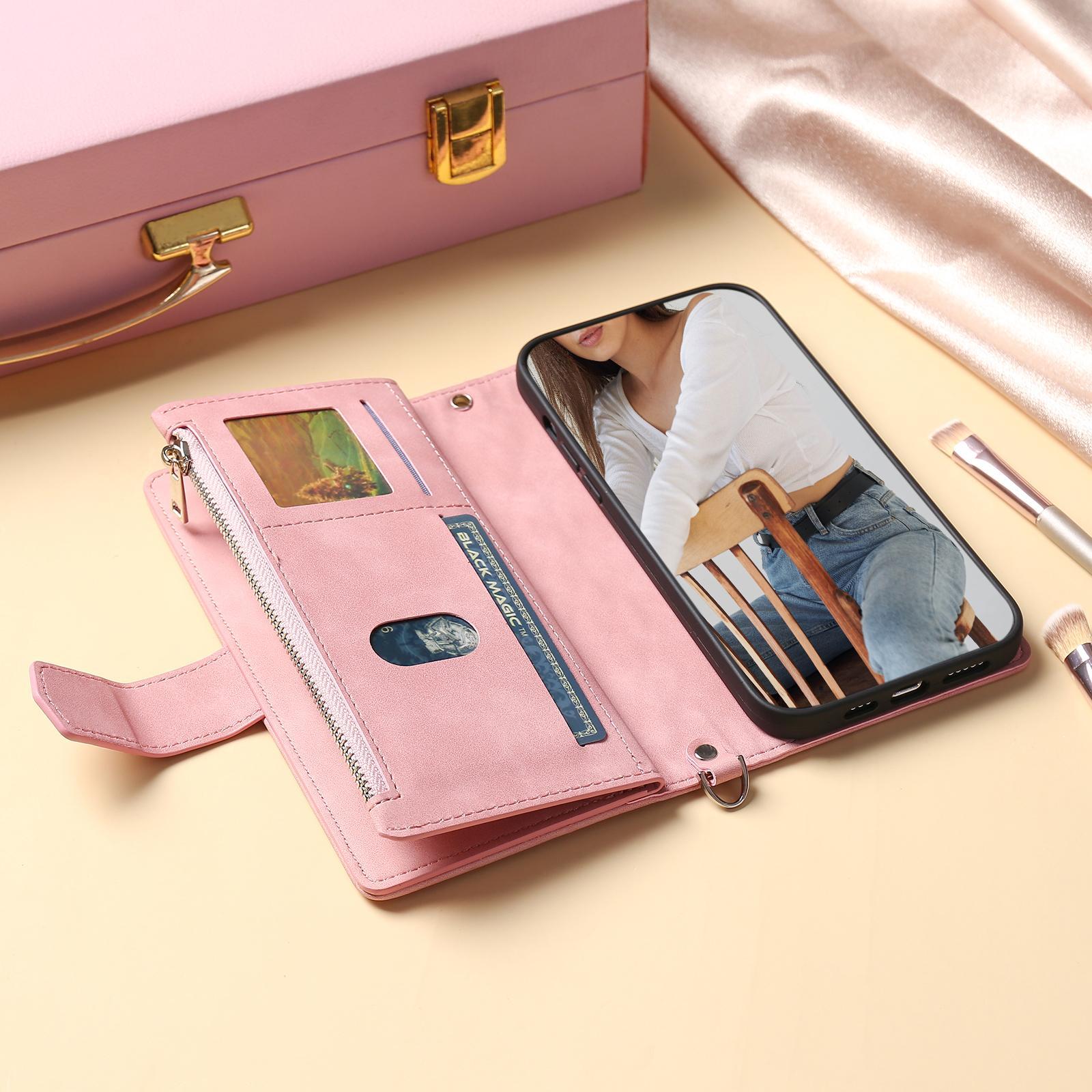 Wallet Case For iPhone 17 16 15 14 13 12 11 Pro Max, PU Leather Phone Case with Card Holder Kickstand & Wrist Strap Cover Magnetic Closure Flip Handbag Zipper Purse Shell for Women Girls
