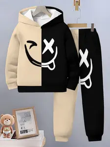 Boys Fashion Smiley Face 3D Print Hoodie Set, Long Sleeve Sports Wear, Spring Fall Winter Outdoor Hoodies, Casual Fitted Sweatshirts
